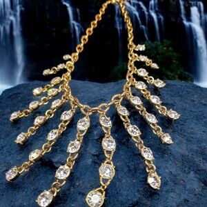 Retro Gold Tone Waterfall Necklace w/ 38 Clear Half Dome Crystals